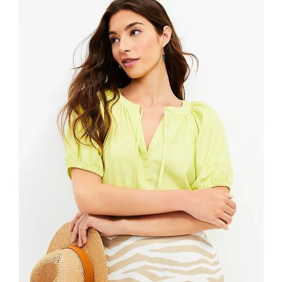 LOFT Glowing Lime Tie Neck Puff Sleeve Top XS Petite NWT - Picture 2 of 4